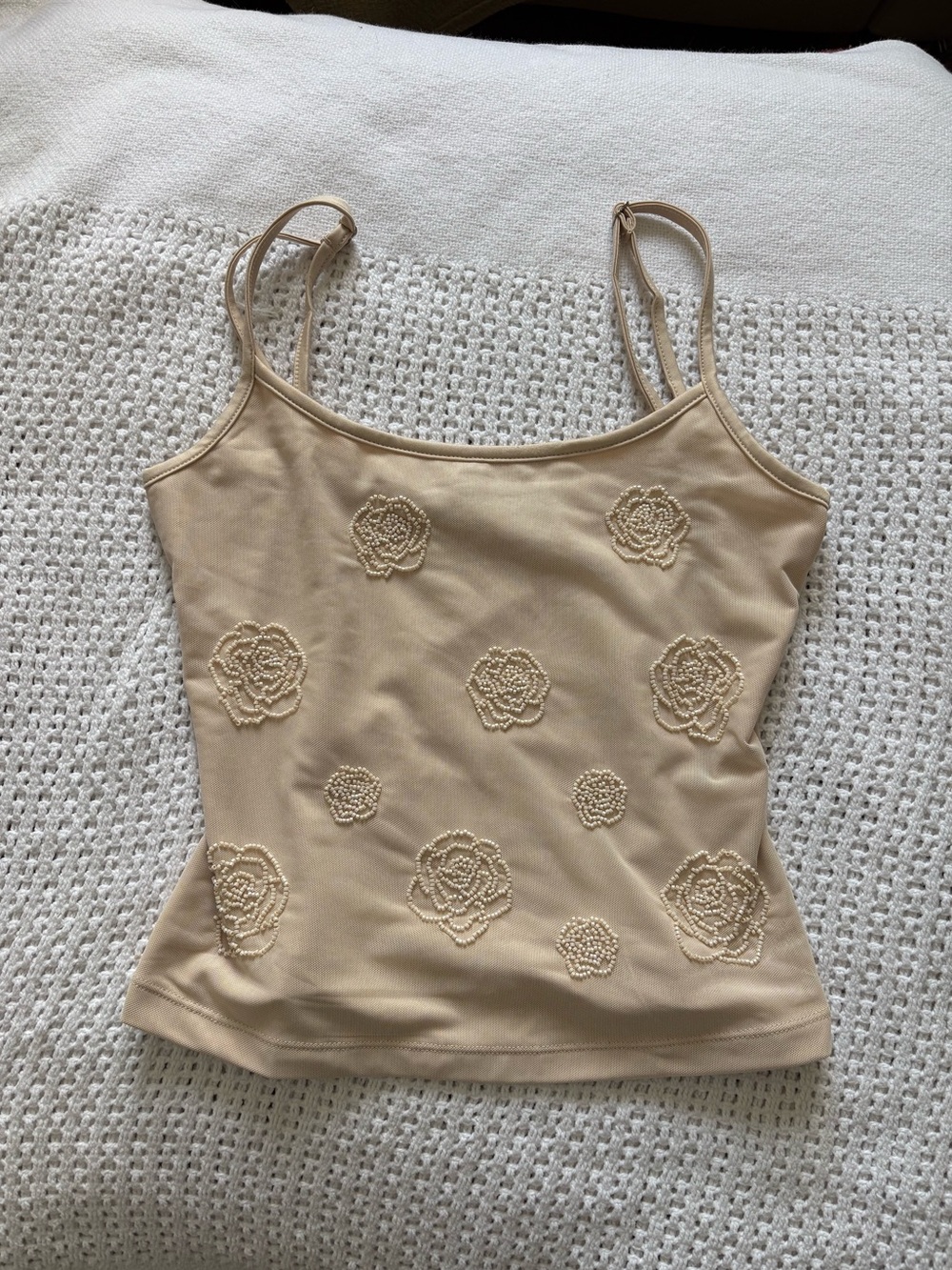 White fox size small beige mesh beaded tank top